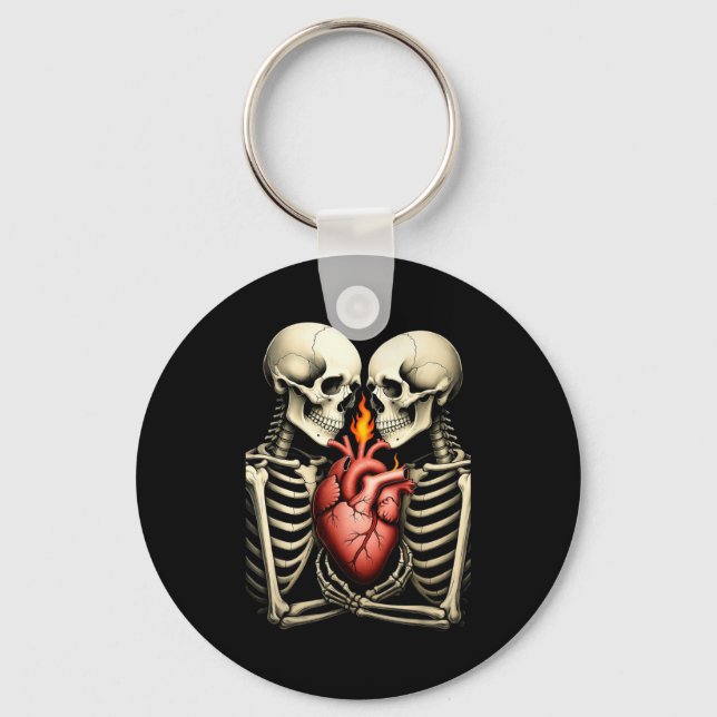 Gothic Skull Couple Flaming Heart Dark Romance Sty Key Ring (Front)