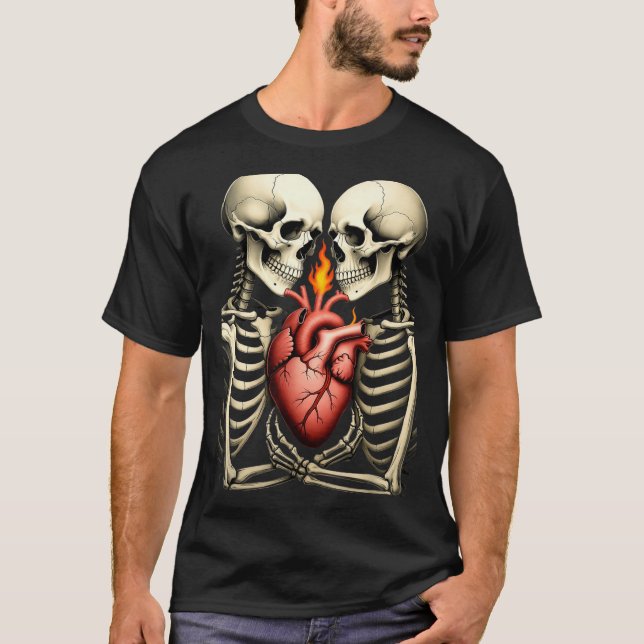 Gothic Skull Couple Flaming Heart Dark Romance Sty T-Shirt (Front)