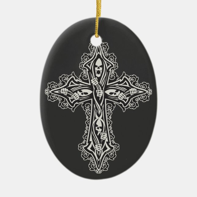 Gothic Skull Cross Ceramic Ornament (Front)