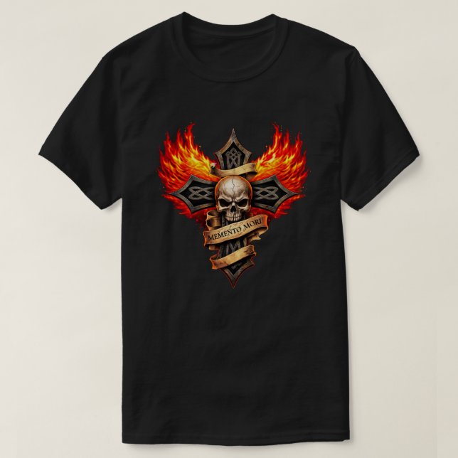 Gothic Skull Cross with Flaming Wings Memento Mori T-Shirt (Design Front)