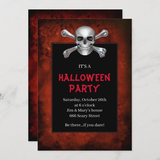 Gothic Skull Crossbones Red Grunge Halloween Party Invitation (Front/Back)