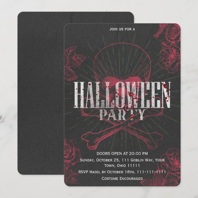 Gothic Skull Crossbones Red Rose Halloween Invitation (Front/Back)