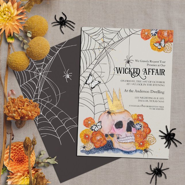 Gothic Skull Crown Butterflies Floral Halloween Invitation (Victorian inspired Halloween party invitation skull with pretty flowers, spiders, and butterflies)