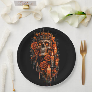 Gothic Skull Crown Halloween Dark Roses Spooky Des Paper Plate