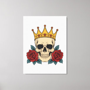 Gothic Skull Crown with Red Roses – Dark Biker Canvas Print