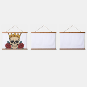 Gothic Skull Crown with Red Roses – Dark Biker Hanging Tapestry