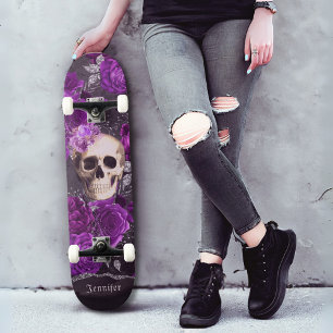 Gothic Skull Dark Purple Roses Personalised Skateboard