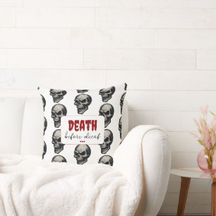 Gothic Skull ‘Death Before Decaf’   Spooky Funny - Cushion