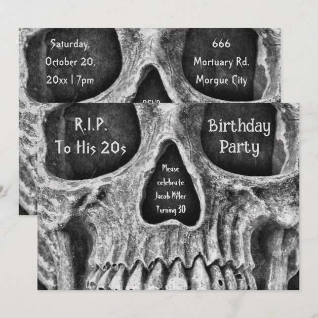 Gothic Skull Face Birthday Party RIP To His 20s Invitation (Front/Back)