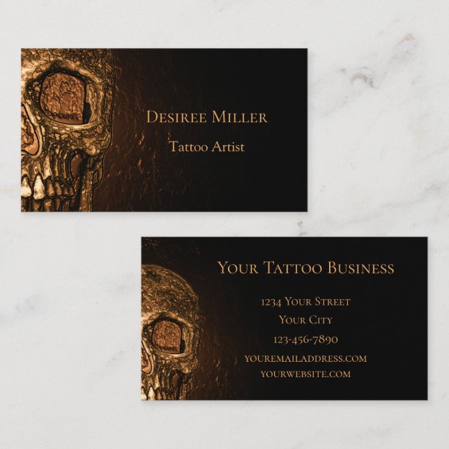 Gothic Skull Face Glowing Gold Black Tattoo Shop Business Card (Front/Back)