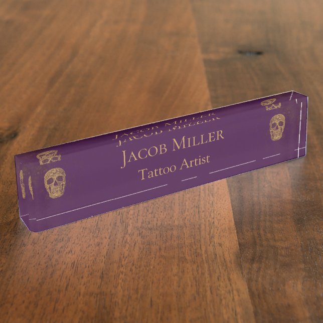 Gothic Skull Face Gold Purple Unique Tattoo Shop Nameplate (Side)