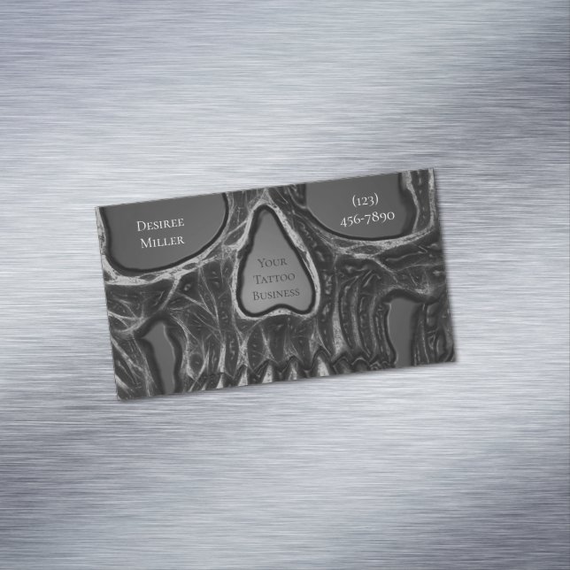 Gothic Skull Face Grey Metallic Cool Tattoo Shop Magnetic Business Card (In Situ)