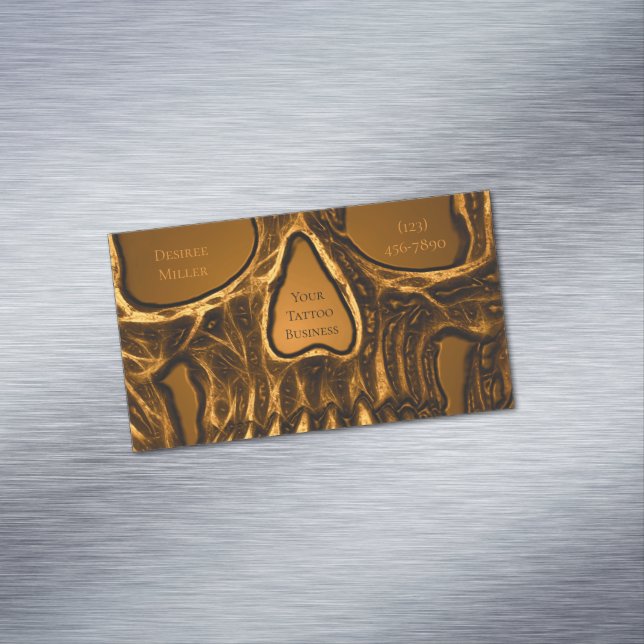 Gothic Skull Face Metallic Gold Tattoo Shop Magnetic Business Card (In Situ)