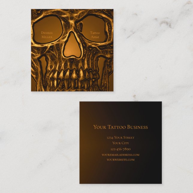 Gothic Skull Face Metallic Gold Tattoo Shop Square Business Card (Front/Back)
