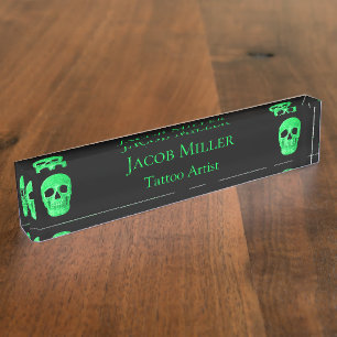 Gothic Skull Face Neon Green Black Tattoo Shop Nameplate