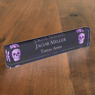Gothic Skull Face Purple Blue Tattoo Shop Unique Nameplate