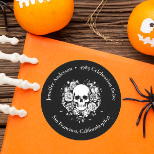 Gothic Skull Floral and Heart Black Return Address Classic Round Sticker