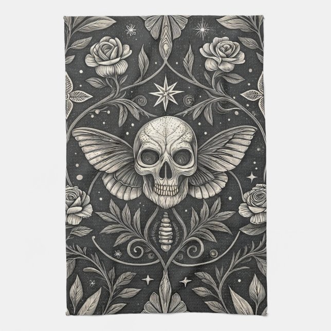 Gothic Skull Floral Celestial Pattern (1) Tea Towel (Vertical)