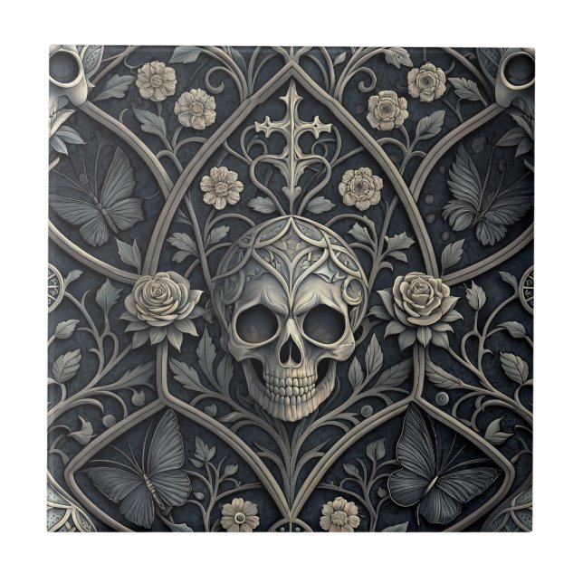 Gothic Skull Floral Celestial Pattern (2) Ceramic Tile (Front)