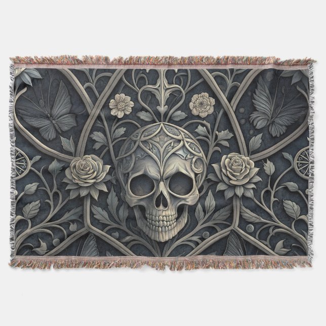 Gothic Skull Floral Celestial Pattern (2) Throw Blanket (Front)