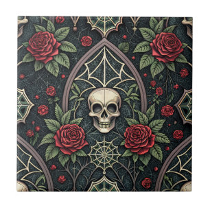 Gothic Skull Floral Celestial Pattern (3) Ceramic Tile