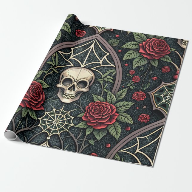 Gothic Skull Floral Celestial Pattern (3) Wrapping Paper (Unrolled)