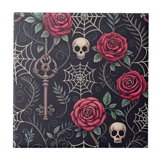 Gothic Skull Floral Celestial Pattern (4) Ceramic Tile (Front)