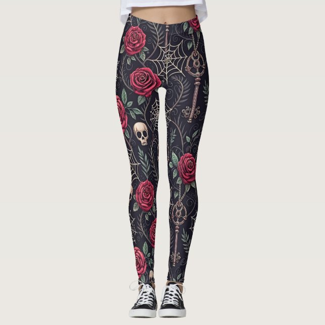Gothic Skull Floral Celestial Pattern (4) Leggings (Front)