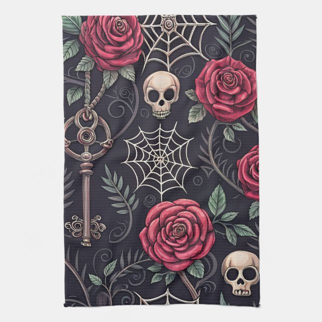 Gothic Skull Floral Celestial Pattern (4) Tea Towel (Vertical)