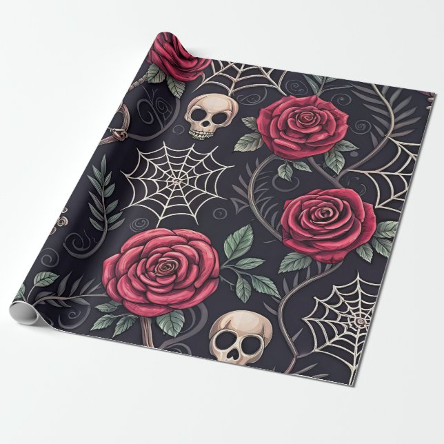 Gothic Skull Floral Celestial Pattern (4) Wrapping Paper (Unrolled)