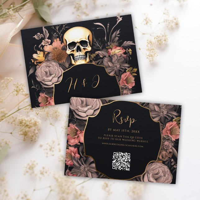 Gothic Skull Floral QR Code Wedding RSVP Card (Gothic Skull Floral QR Code Wedding RSVP Card)
