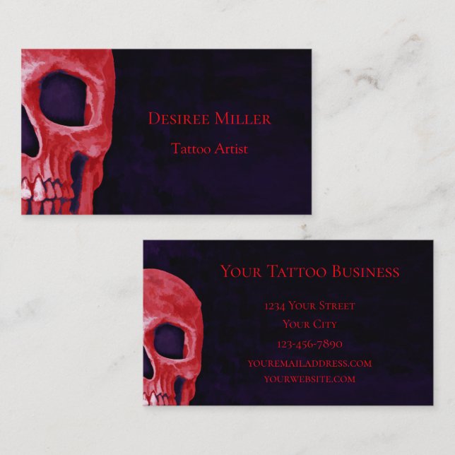 Gothic Skull Girly Metallic Red Purple Tattoo Shop Business Card (Front/Back)