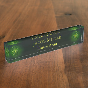Gothic Skull Green Neon Metallic Tattoo Artist Nameplate