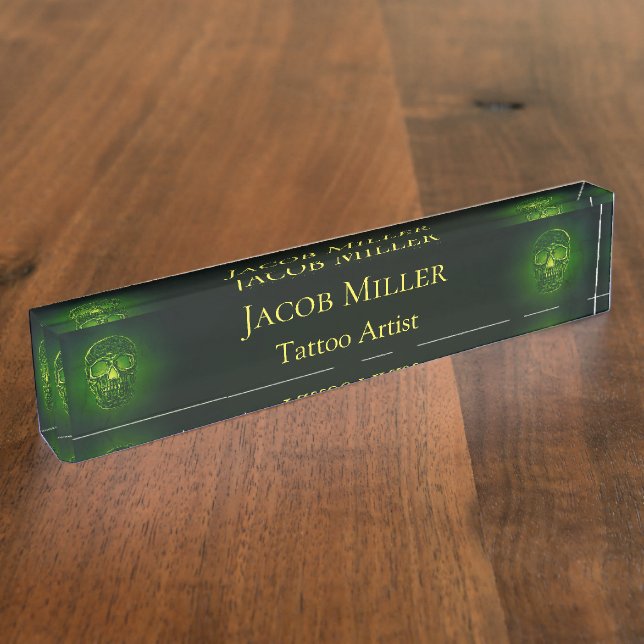 Gothic Skull Green Neon Metallic Tattoo Artist Nameplate (Side)