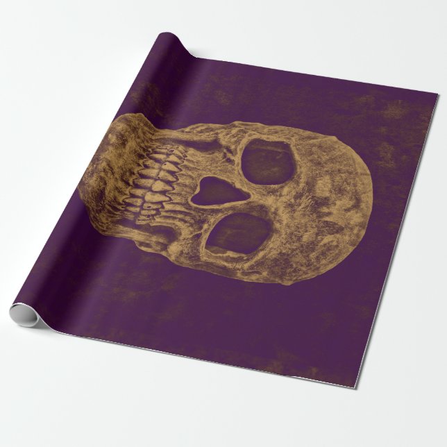 Gothic Skull Grunge Gold Purple Cool Monogram Wrapping Paper (Unrolled)