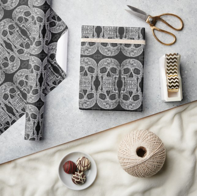 Gothic Skull Head Black And White Abstract Pattern Wrapping Paper (Crafts)