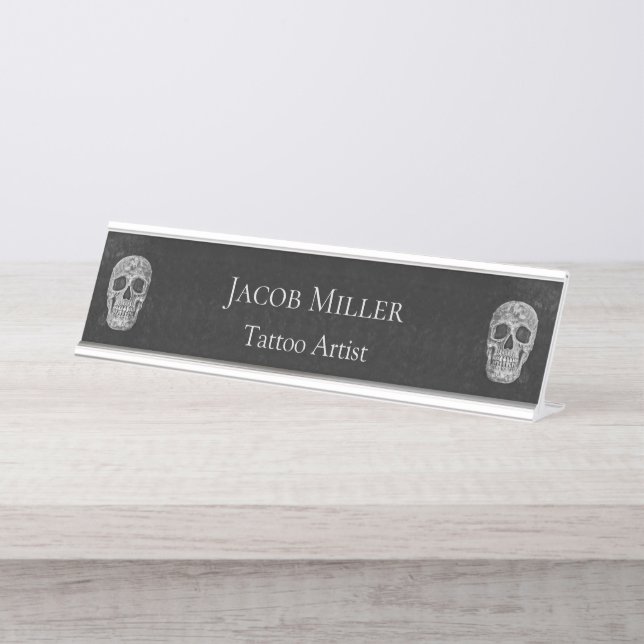 Gothic Skull Head Black And White Tattoo Artist Desk Name Plate (Front)