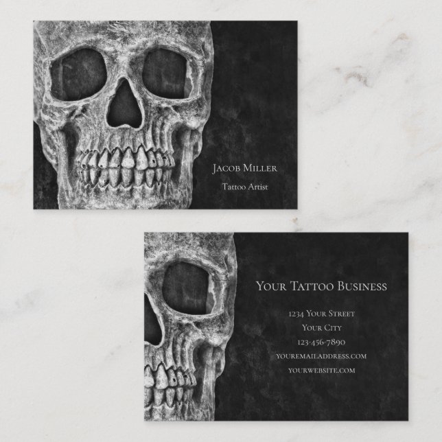Gothic Skull Head Black And White Tattoo Shop Business Card (Front/Back)