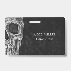 Gothic Skull Head Black And White Tattoo Shop ID Badge