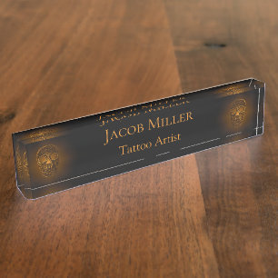 Gothic Skull Head Gold Metallic Tattoo Artist Nameplate