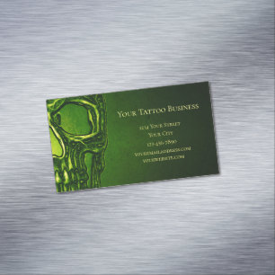 Gothic Skull Head Green Neon Metallic Tattoo Shop Magnetic Business Card