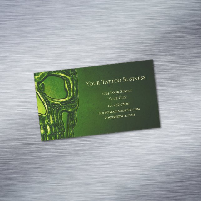 Gothic Skull Head Green Neon Metallic Tattoo Shop Magnetic Business Card (In Situ)