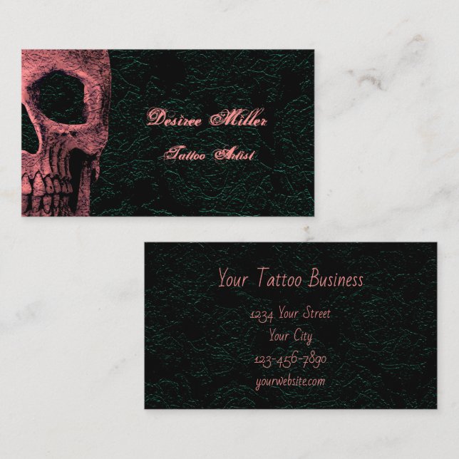 Gothic Skull Head Pink Black Floral Tattoo Artist Business Card (Front/Back)