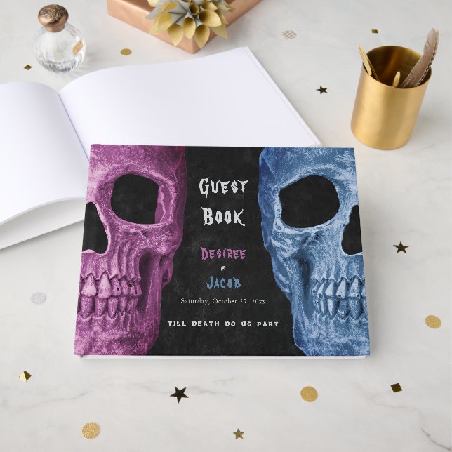 Gothic Skull Head Pink Blue Black Hallowedding Guest Book (Front Open)