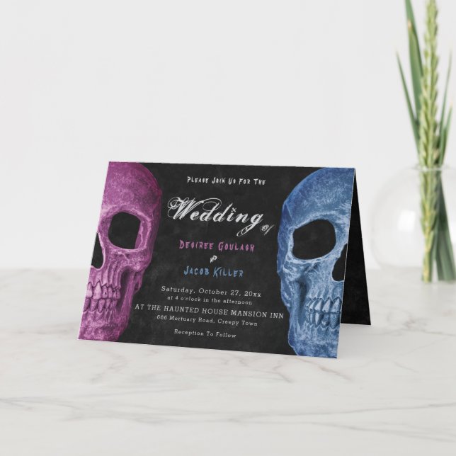 Gothic Skull Head Pink Blue Hallowedding Invitation (Front)