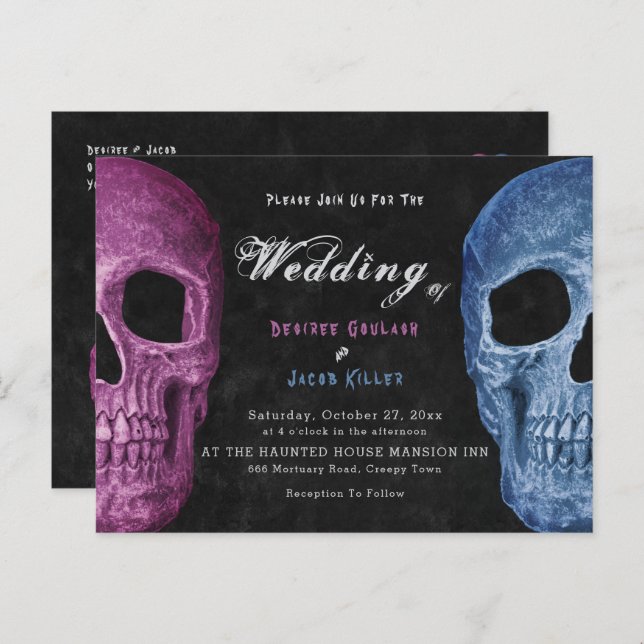 Gothic Skull Head Pink Blue Hallowedding Invitation Postcard (Front/Back)