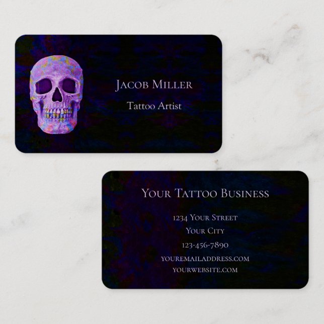 Gothic Skull Head Purple Blue Grunge Tattoo Artist Business Card (Front/Back)