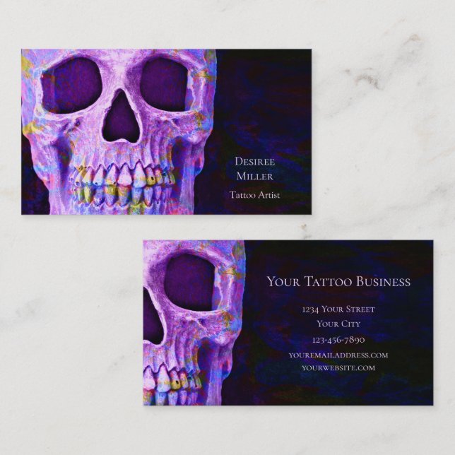 Gothic Skull Head Purple Blue Tattoo Shop Business Card (Front/Back)