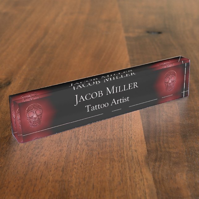 Gothic Skull Head Red Black Glowing Tattoo Shop Nameplate (Side)