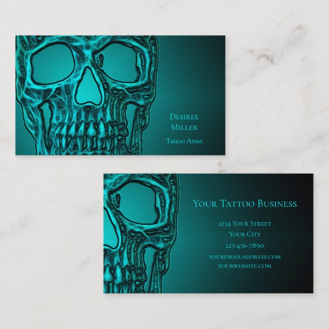 Gothic Skull Head Teal Green Tattoo Shop Business Card (Front/Back)